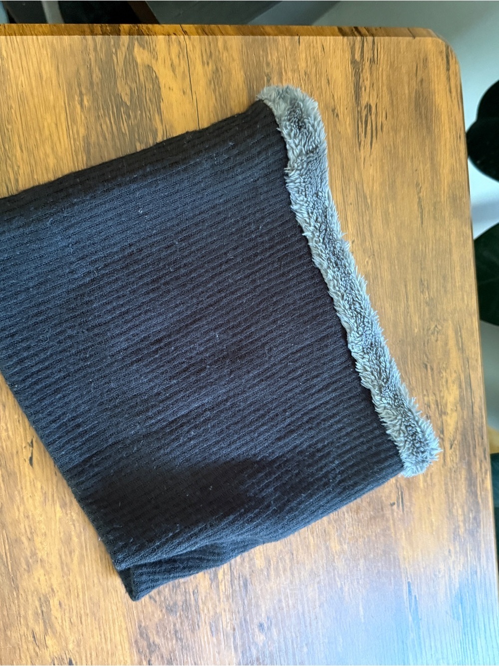 Black Ribbed Neck Warmer with Gray Faux Fur Trim